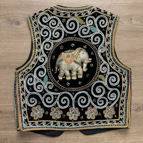 Vintage Carol Horn Workshop Beaded Elephant Vest Black Velvet M-L Festival Boho - Picture 2 of 11